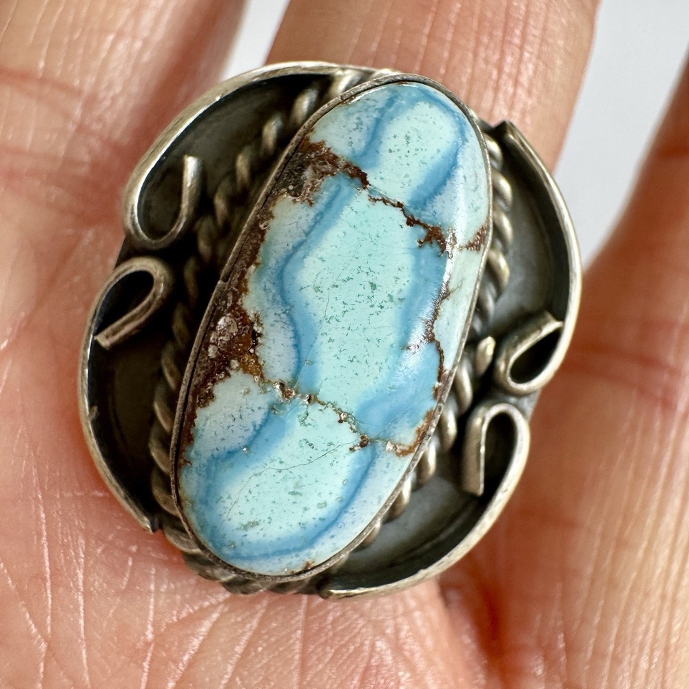 Navajo Blue Golden Hills Turquoise Ring Sz 8.5 Signed G Nez Hand Stamped Band